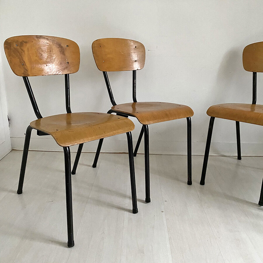 Set of 4 vintage school chairs 1970