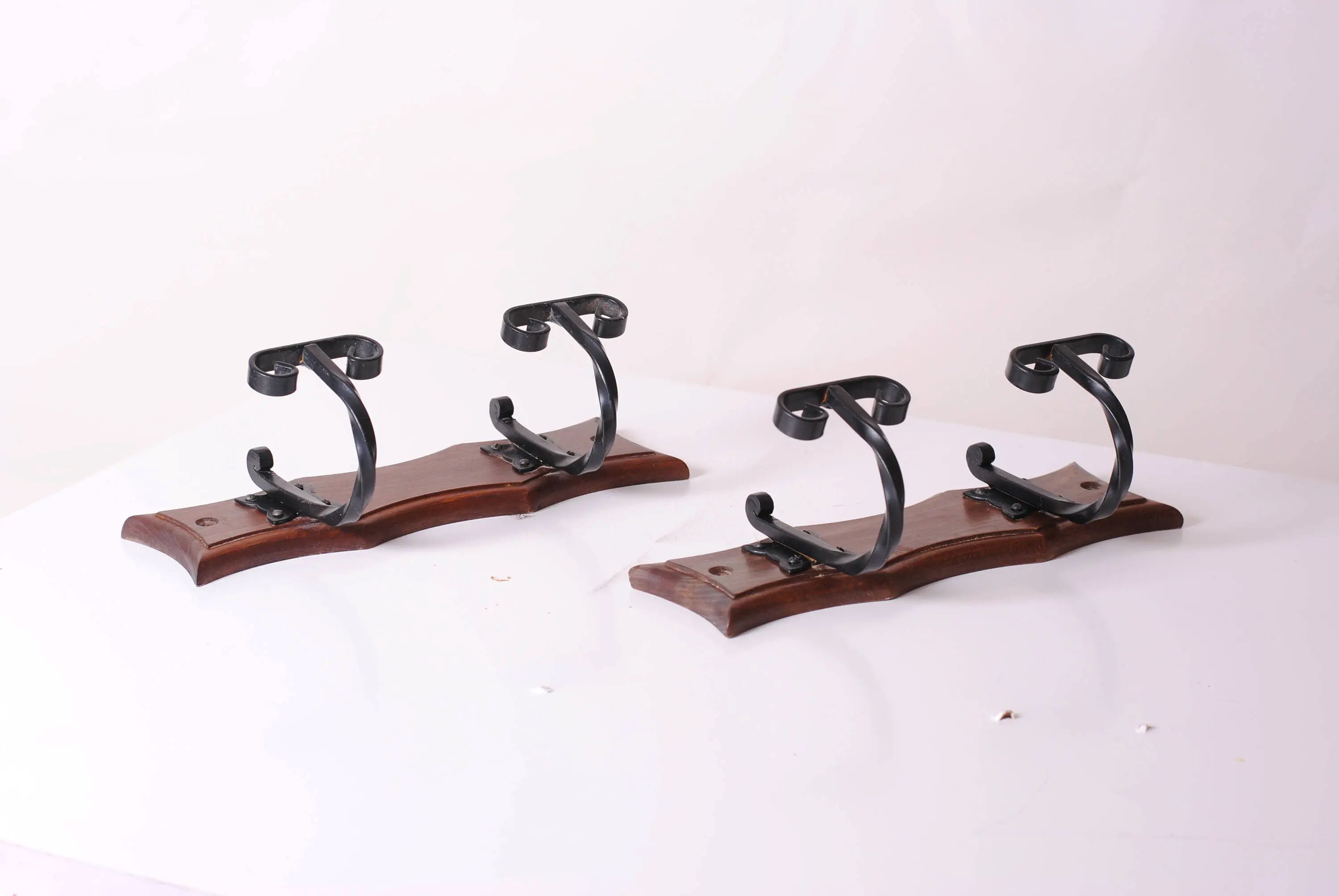 wood and wrought iron coat racks, set of two