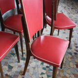 Lot of 8 vintage wooden chairs and red skai