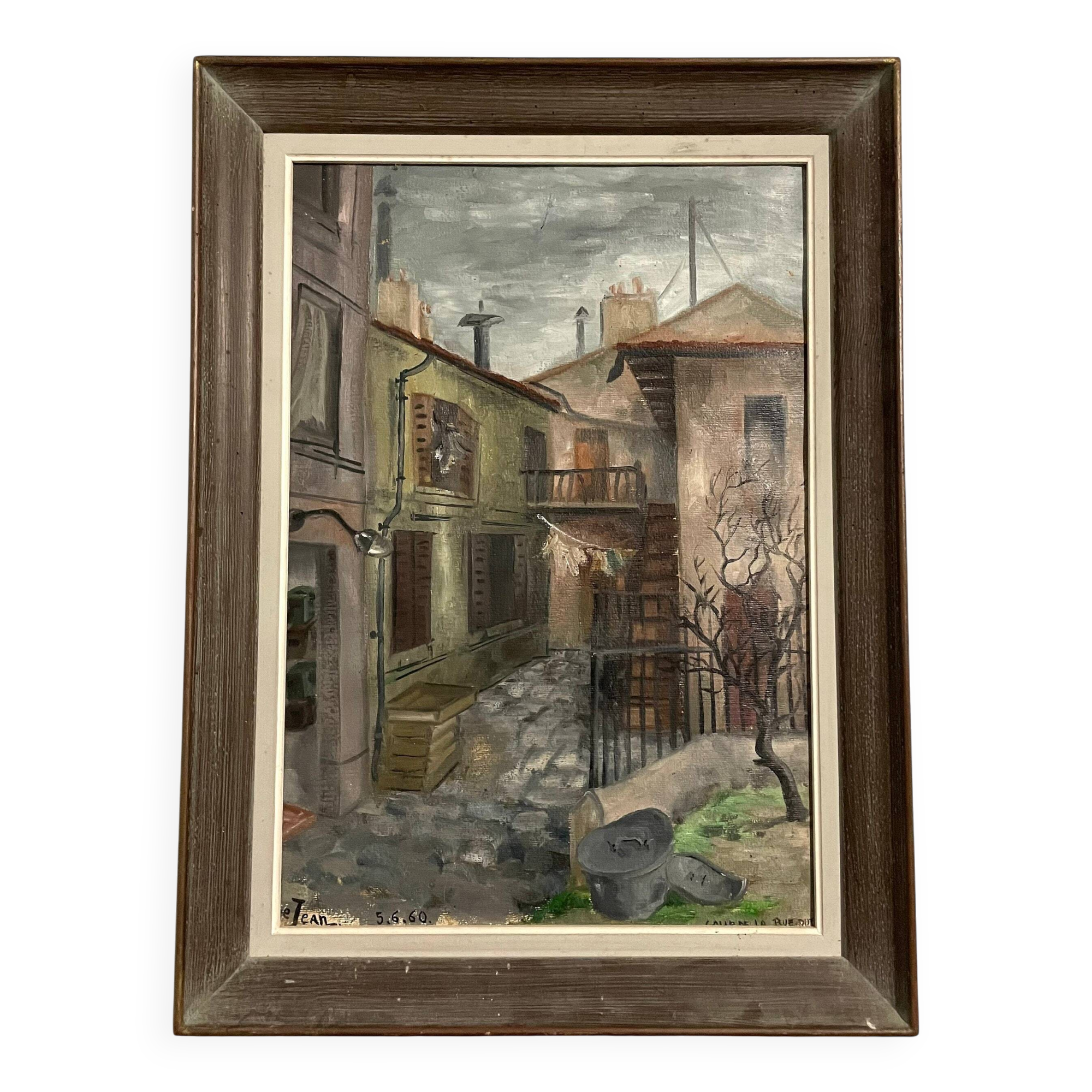 1960s  French Village Street Vintage Oil Painting on Paper with Original