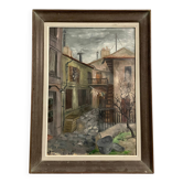 1960s  French Village Street Vintage Oil Painting on Paper with Original