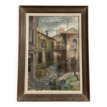 1960s  French Village Street Vintage Oil Painting on Paper with Original