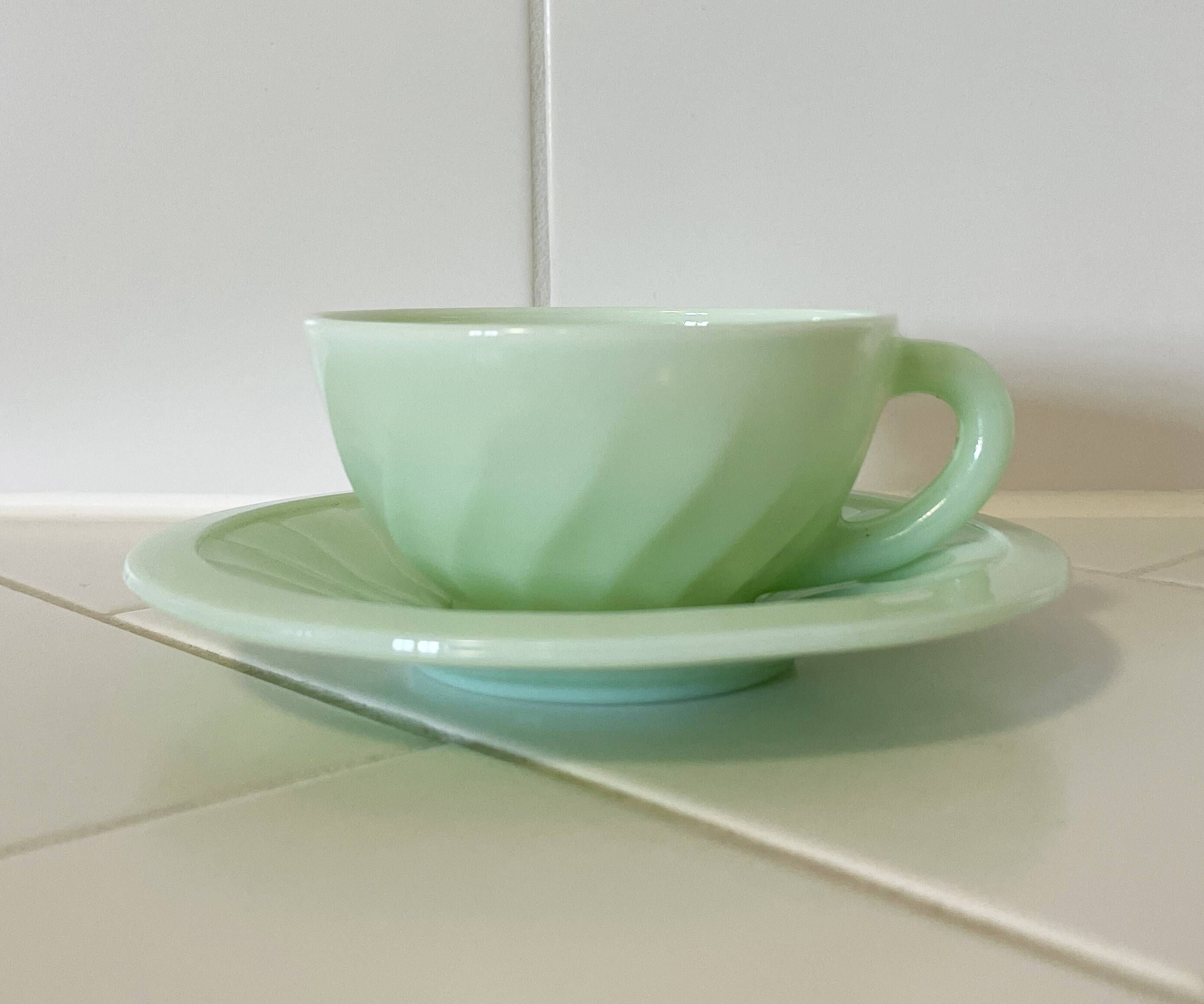 Mint Green Opaline Coffee Cup and Saucer with Swirl Motif, Vintage Art Deco