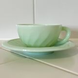 Mint Green Opaline Coffee Cup and Saucer with Swirl Motif, Vintage Art Deco