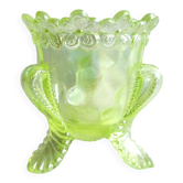 Rare coquetier "Nid d'abeille" verre jaune ouraline irisé: Feuilles et Fleurs de Myosotis