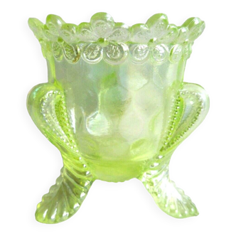 Rare coquetier "Nid d'abeille" verre jaune ouraline irisé: Feuilles et Fleurs de Myosotis
