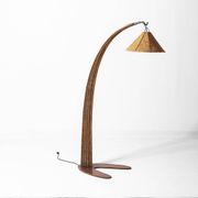 Italian wood arc floor lamp in rattan, 1970s