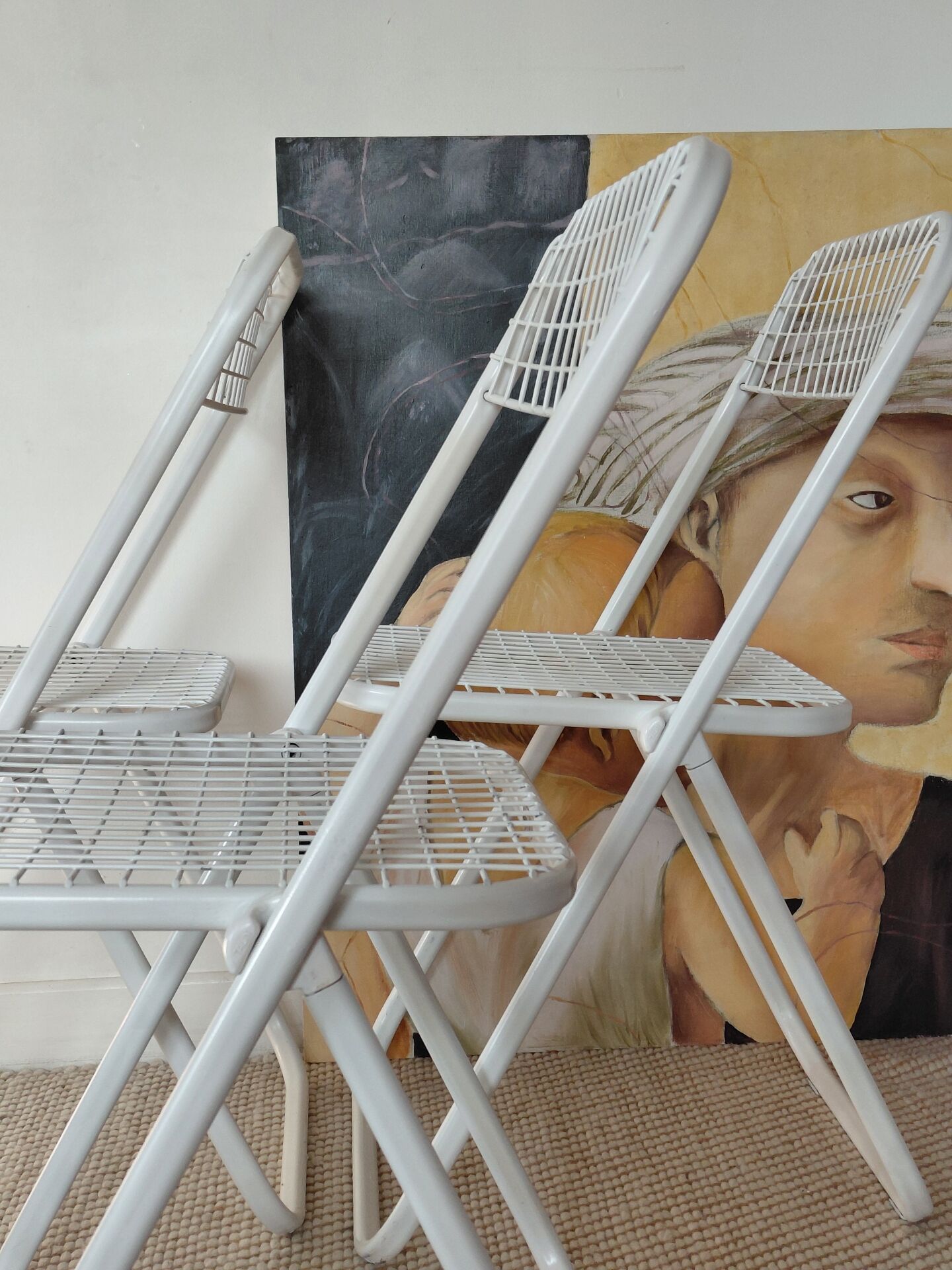 Suite de 3 chaises pliantes Talin en métal blanc, Italie années 70