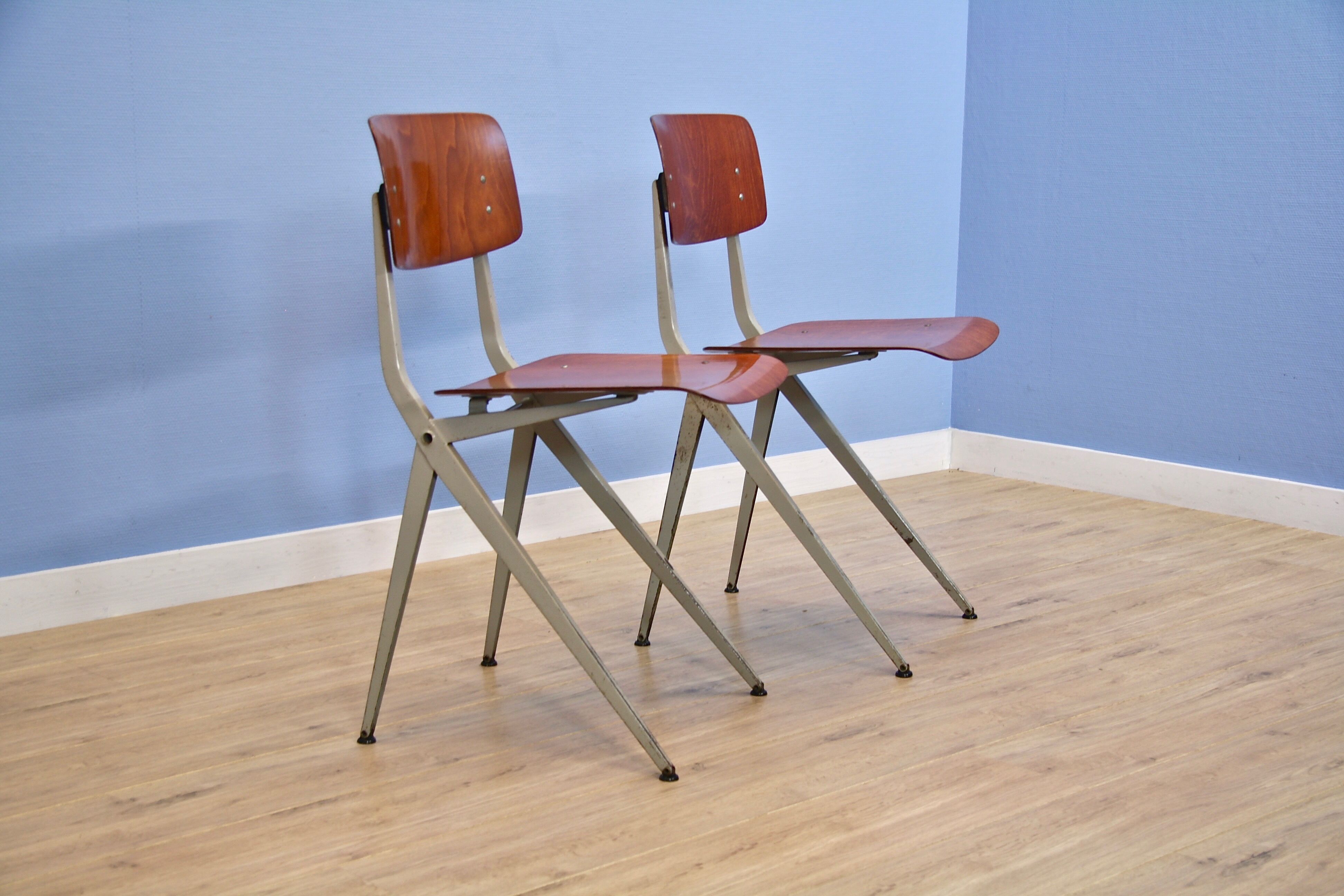 Set of 2 Dutch industrial chairs in teak/plywood by Marko, 1960s
