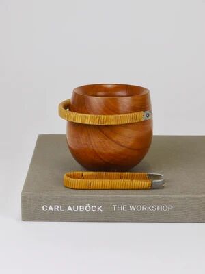 Carl Aubock sugar bowl & tongs, walnut, nickel, cane, no. 3536, 1940s