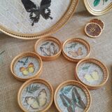 Set tray and 6 under glass bamboo vintage butterflies