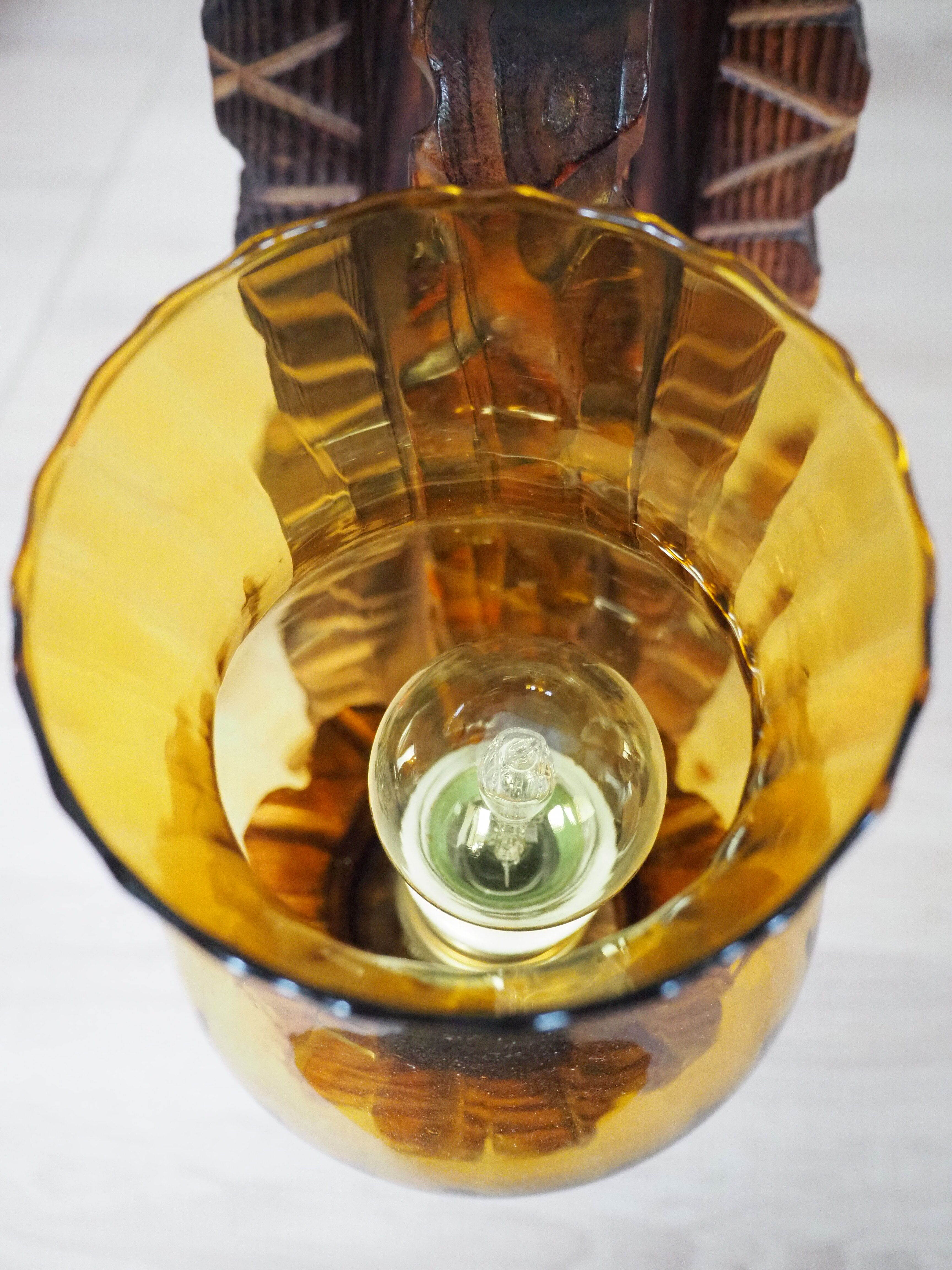 Wall sconce wooden and yellow glass tulip globe