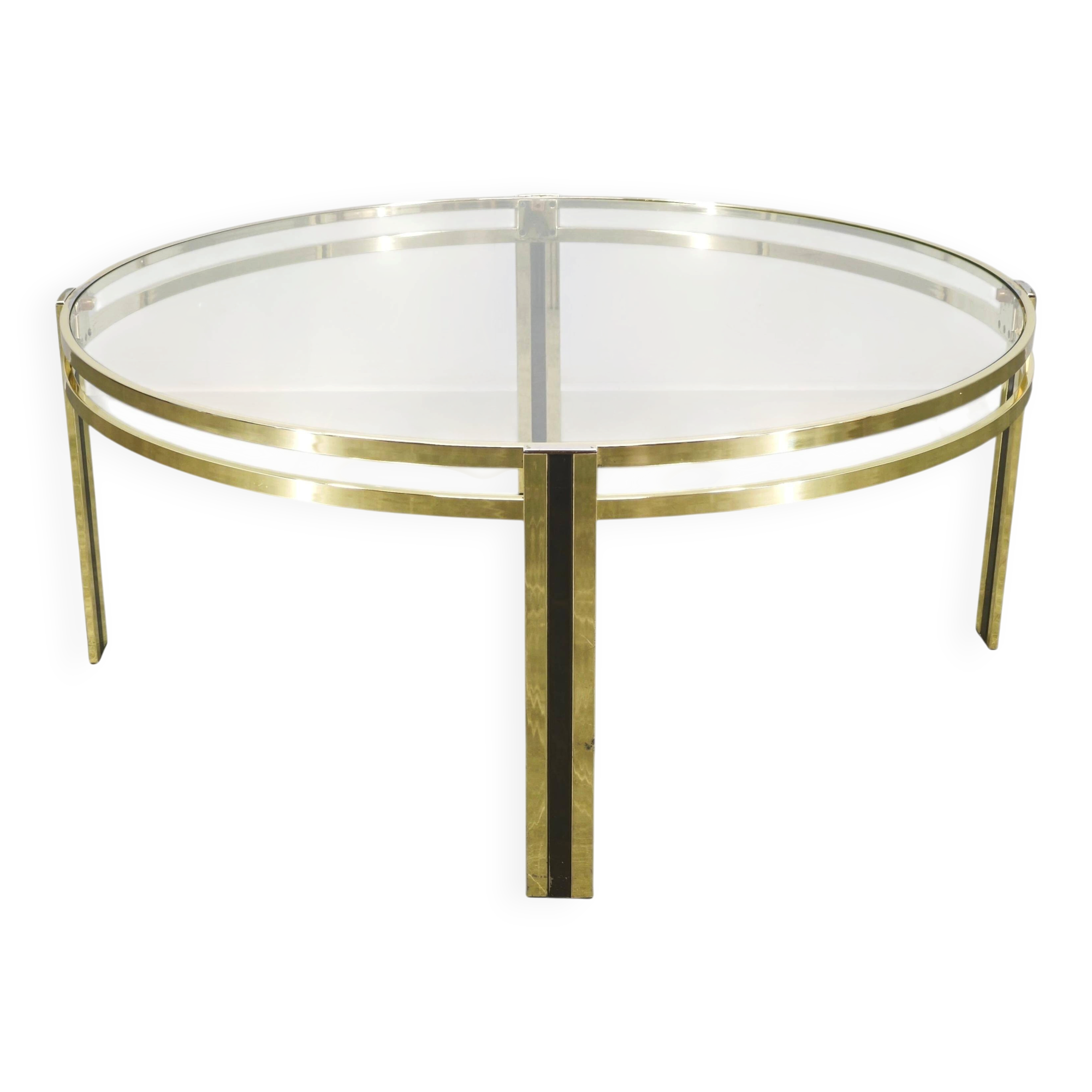 Italian Brass and Glass Round Coffee Table, 1970s