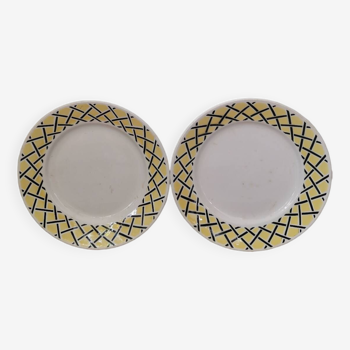 Set of 2 vintage plates with yellow and black geometric pattern, Sarreguemines Digoin style