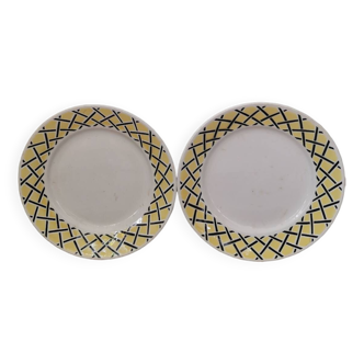 Lot de 2 assiettes vintage motif géométrique jaune et noire style Sarreguemines Digoin