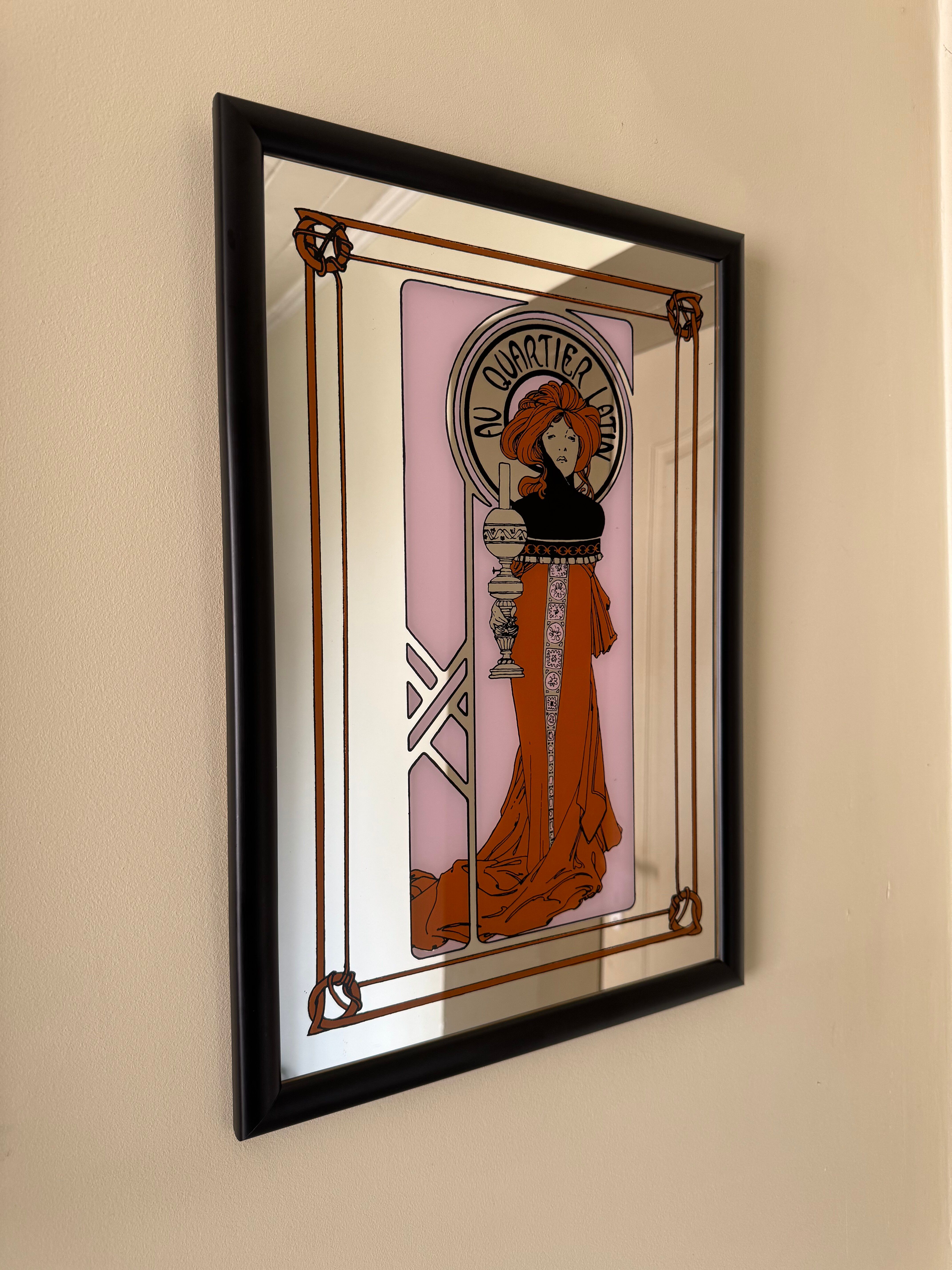 Vintage Alphonse Mucha Art Nouveau Mirror | Framed “Au Quartier Latin”