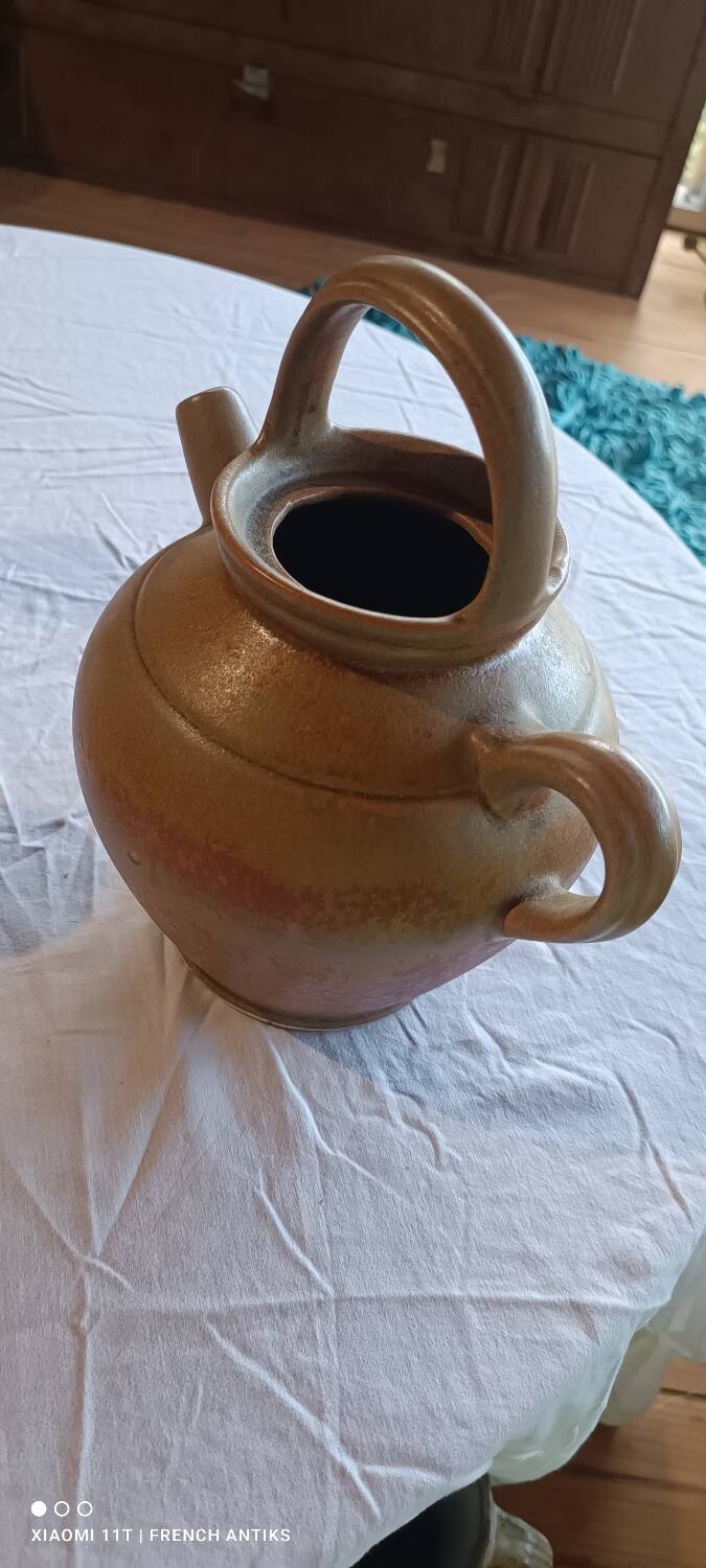 Iridescent carafe and 3 stoneware mazagrans from Digouin. Handmade work.