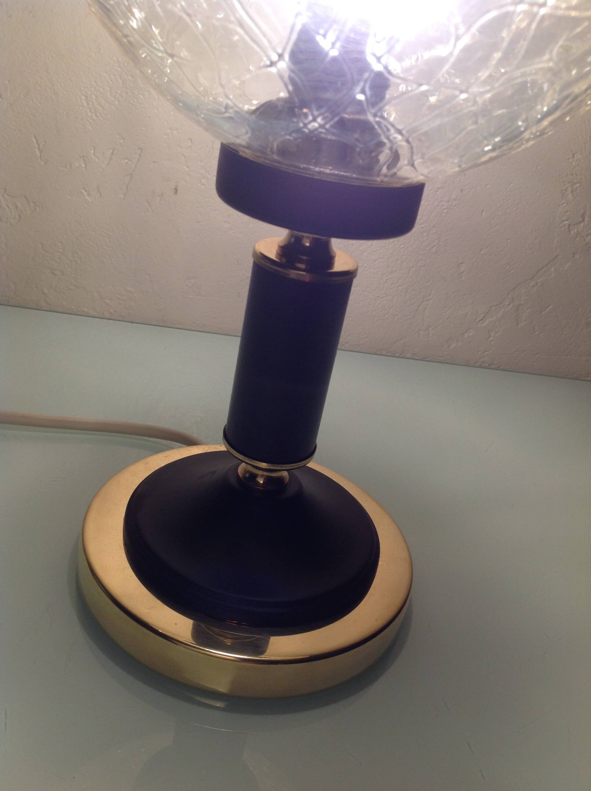 Structured amber glass globe lamp on black and brass base by Solken Leuchten/ 60s-70s