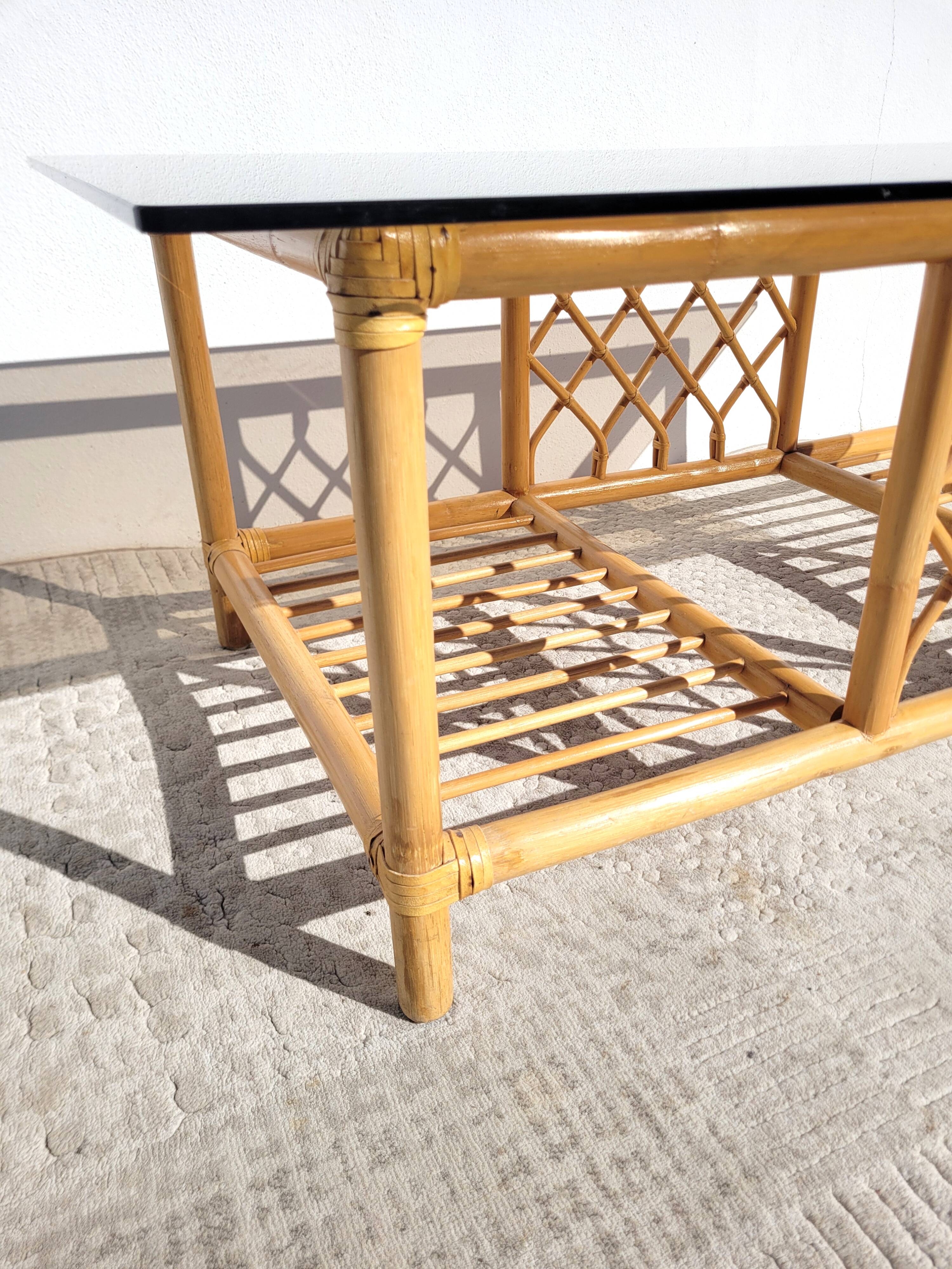 Rattan and smoked glass coffee table