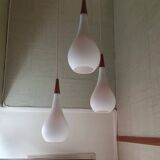 Holmegaard - Michael Bang - triangle Raindrop pendant lamp - Opal white - Teak - Midcentury design cluster pendant light