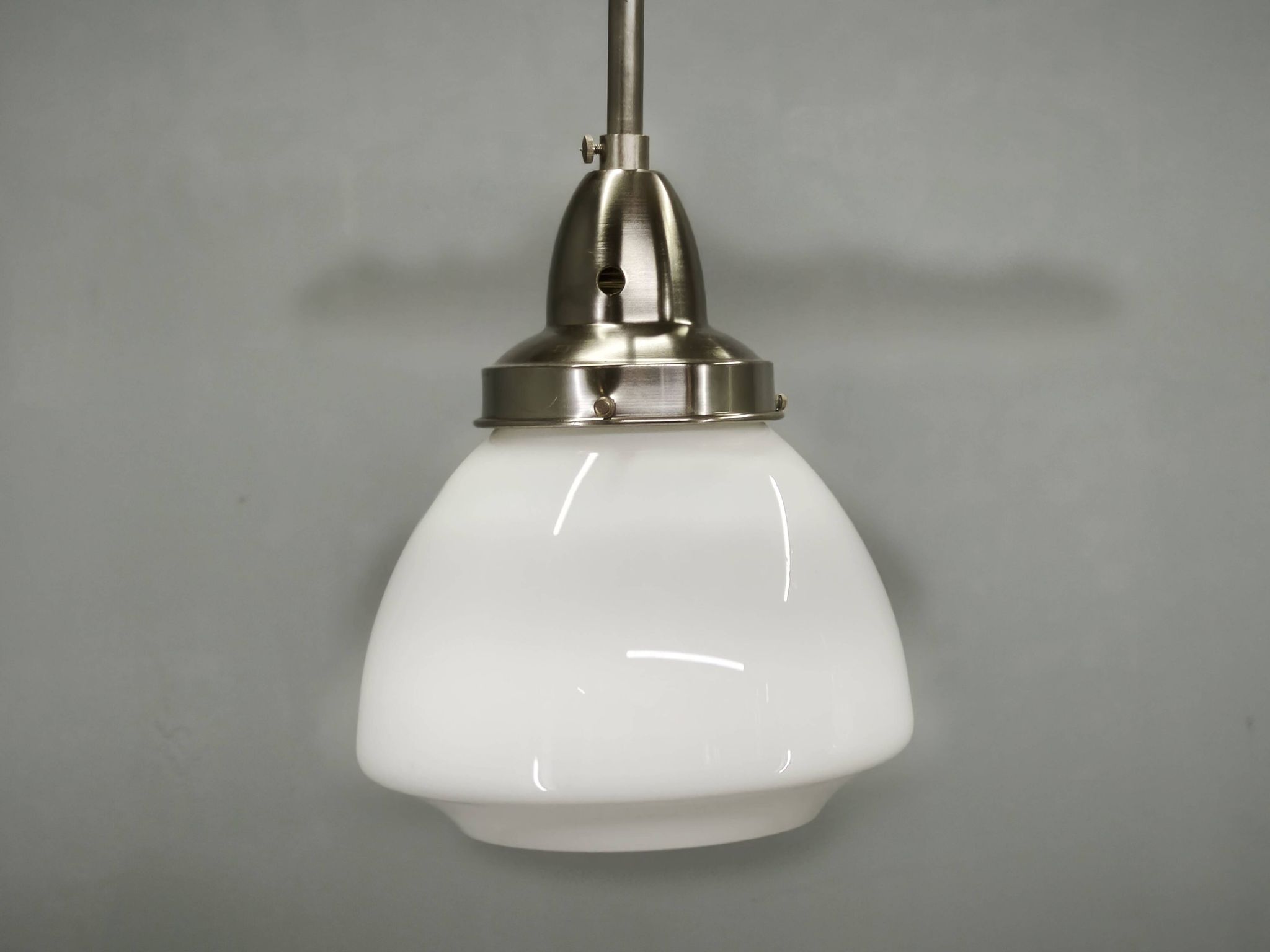 Pair of 1930s Czech Art Deco Opaline Glass and Chrome Pendant Lights