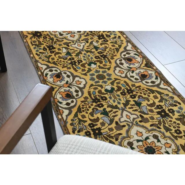 Tapis couloir vintage turc Oushak fait main en laine et coton jaune 59x378