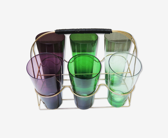 6 anciens verres à soda colorés et leur support en laiton