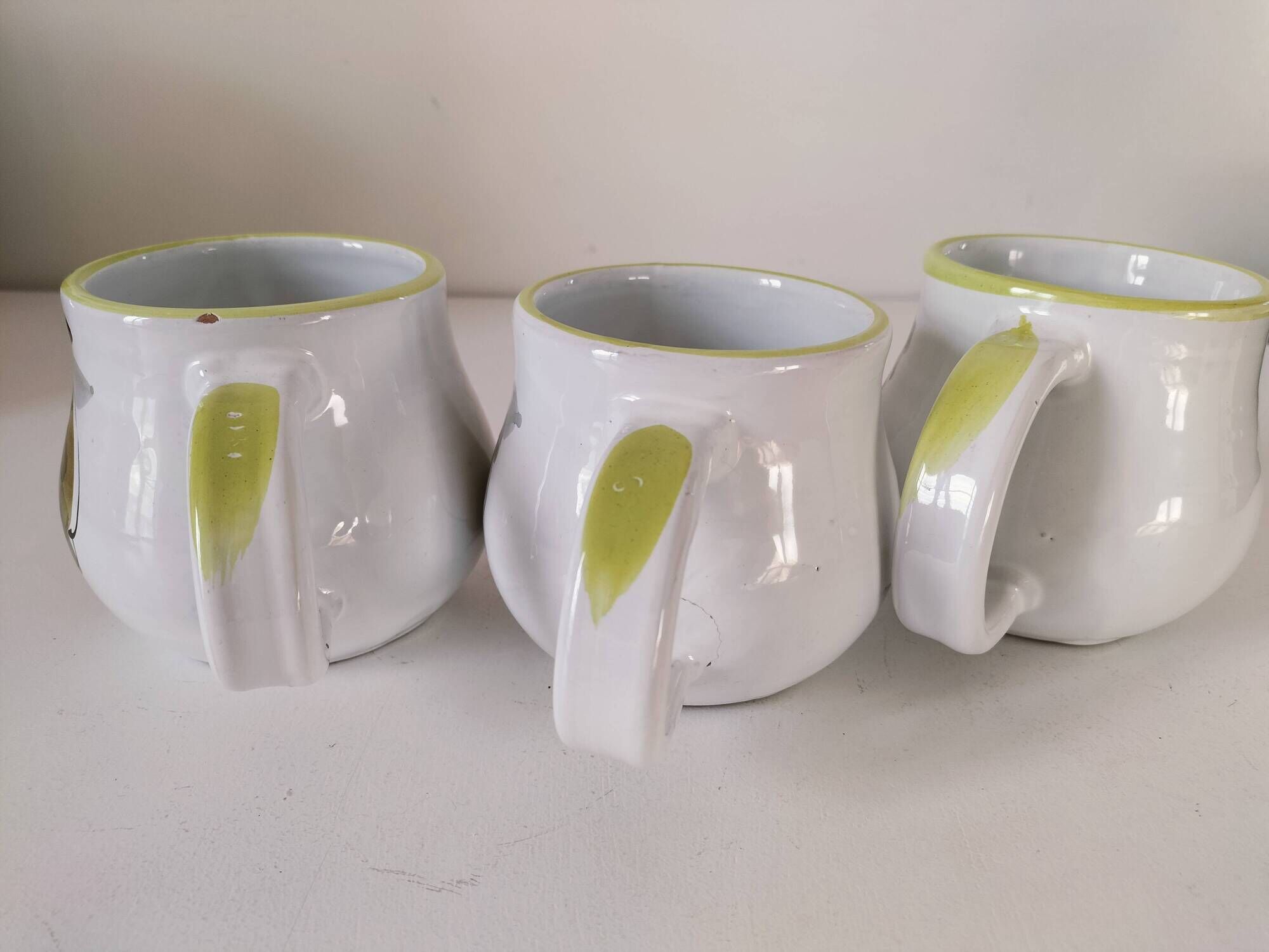 Trio of vintage Italian earthenware mugs, hand-painted – pear motif