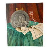 Nature morte, carafe et verres, huile sur carton signé Francine Dubois