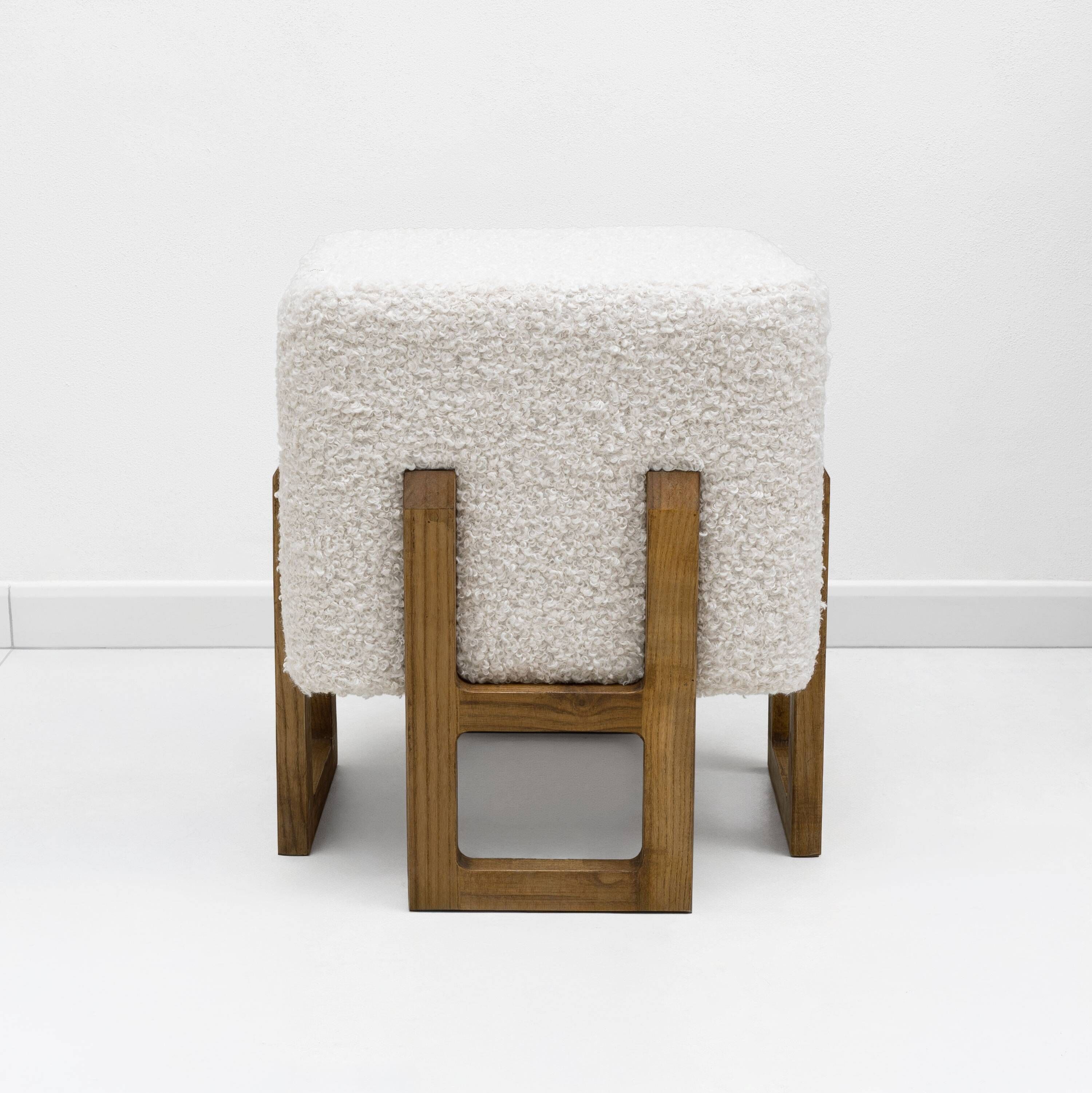 Pair of Italian Modernist Ash Wood Stools Upholstered in White Bouclé