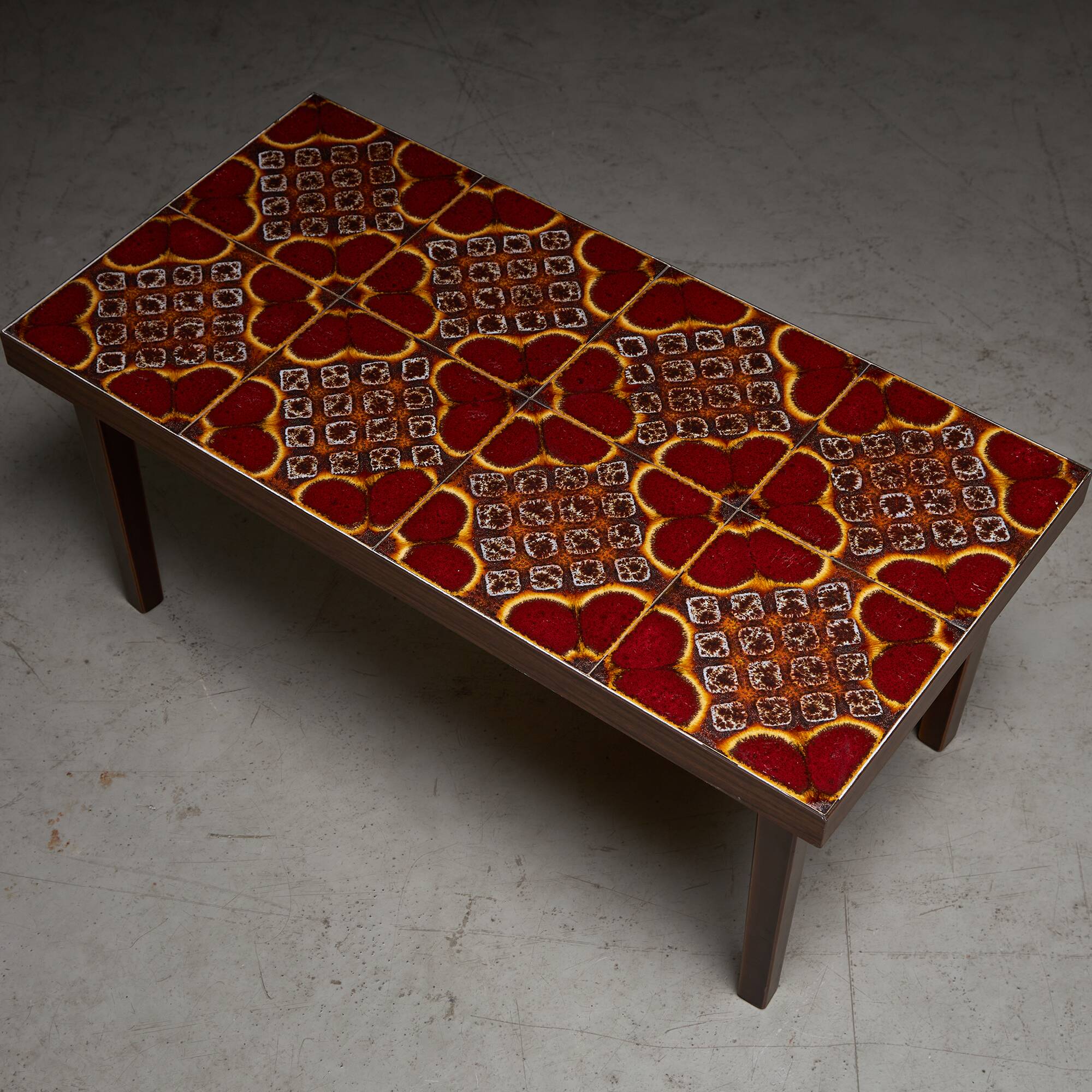 Wooden Veneer Low Side Table with Colourful Flower Ceramics Top, 1970s
