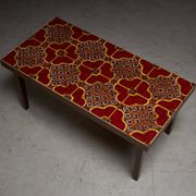 Wooden Veneer Low Side Table with Colourful Flower Ceramics Top, 1970s