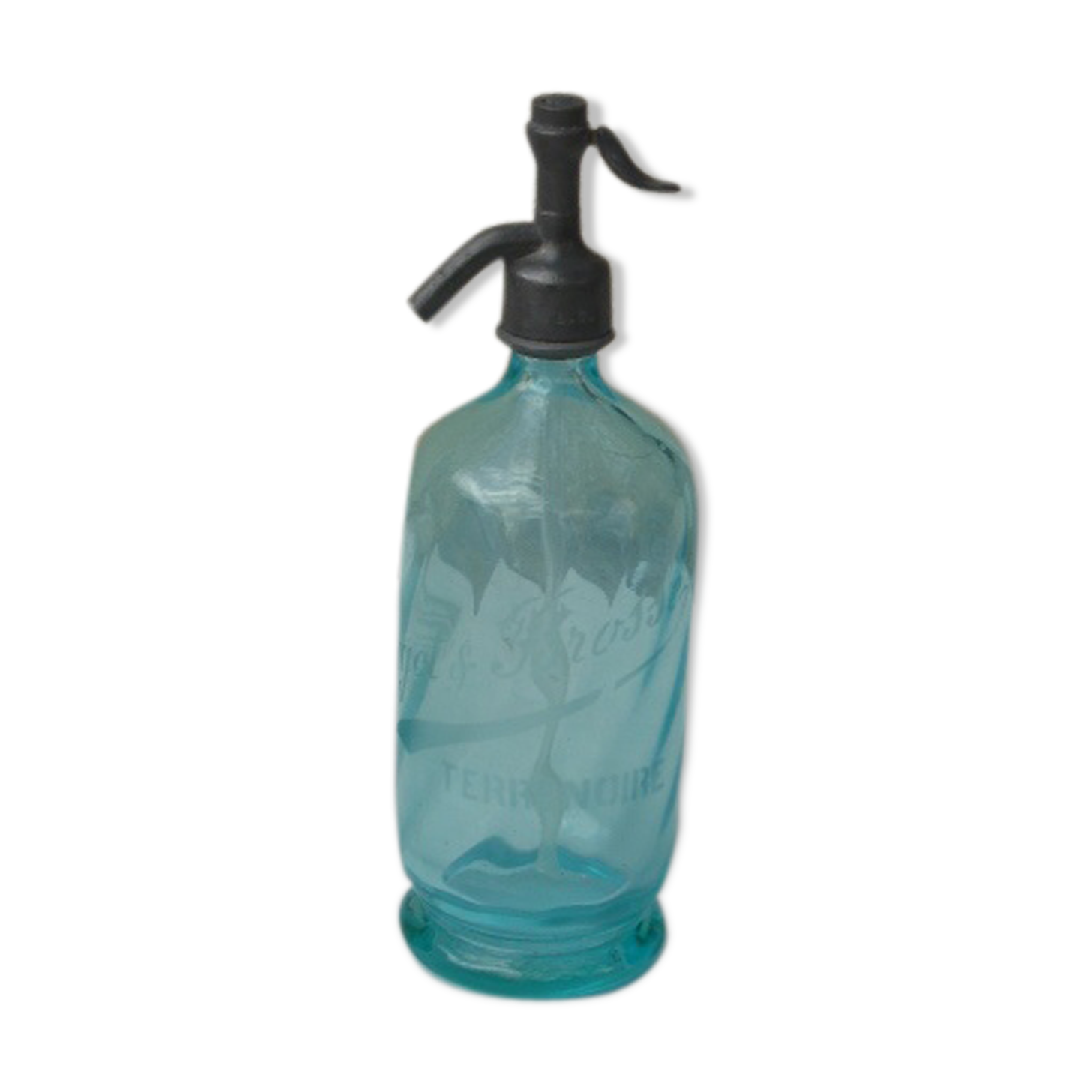 Turquoise blown and twisted glass siphon, Belle Epoque period, tin cap dated 1925, Boyer and Brush, Terre noire