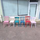 Set of 6 mismatched vintage bistro wooden chairs.