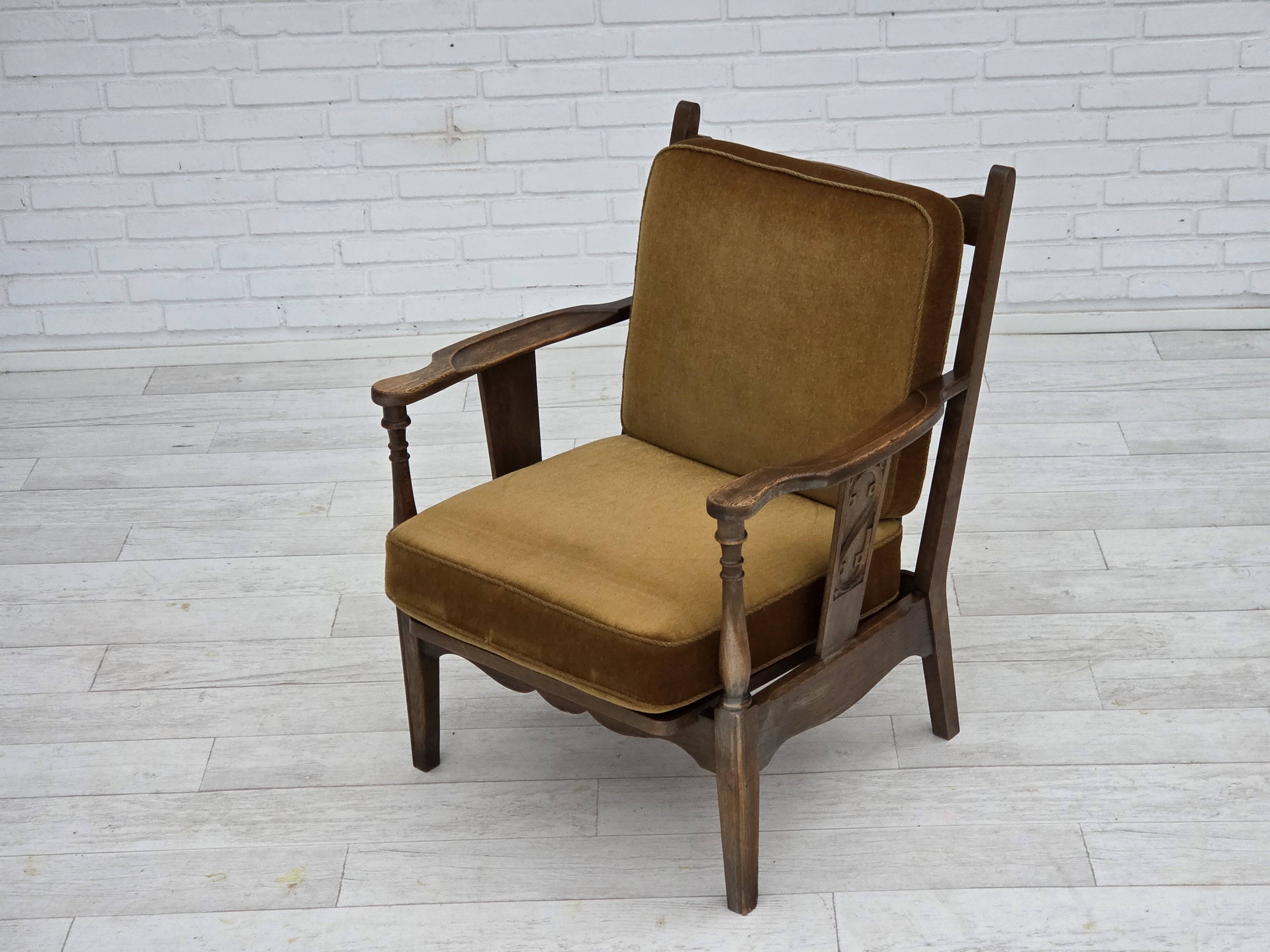 1950s, Danish vintage armchair, original green furniture velour, oak wood.