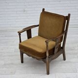 1950s, Danish vintage armchair, original green furniture velour, oak wood.