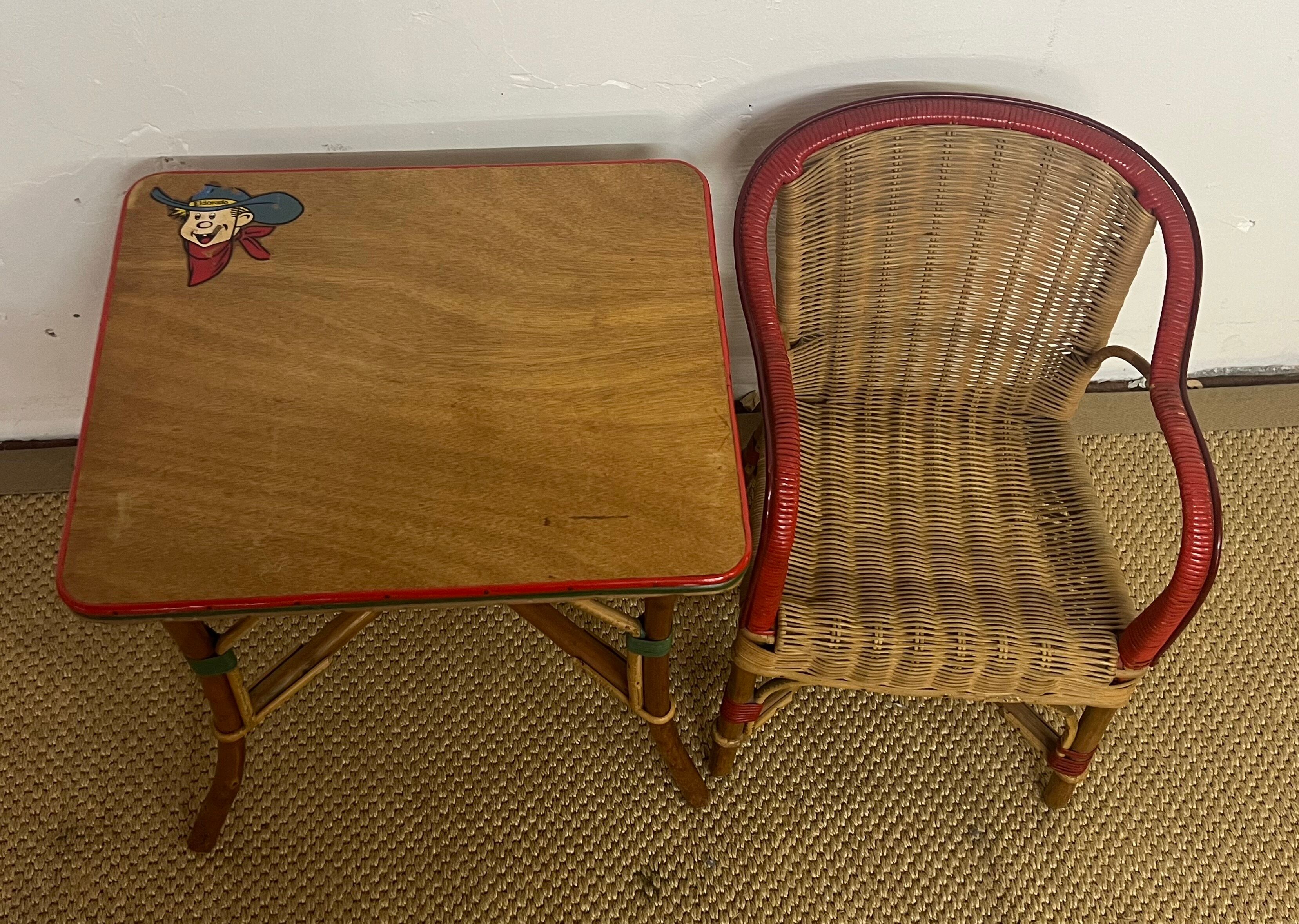 Ensemble table et fauteuil en rotin enfants