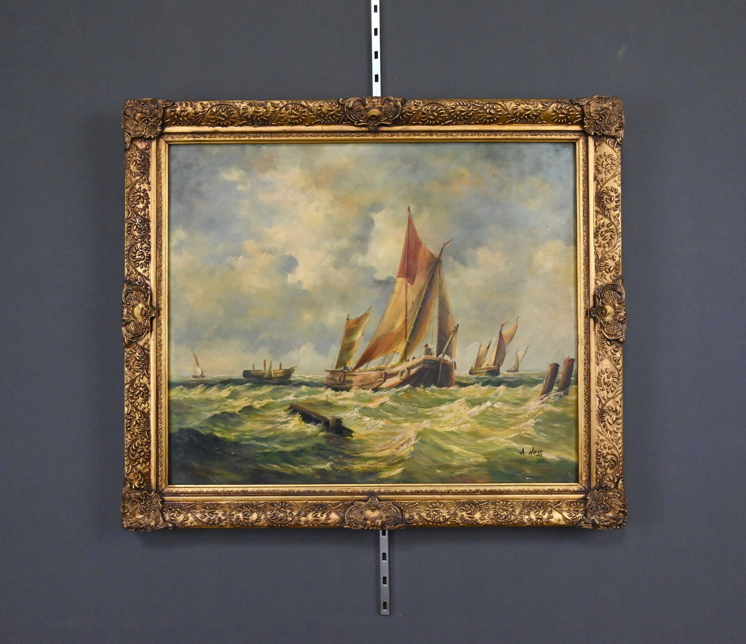 Tableau "Sailboats in Rough Seas" signed Albert Hess – Mid 20th century