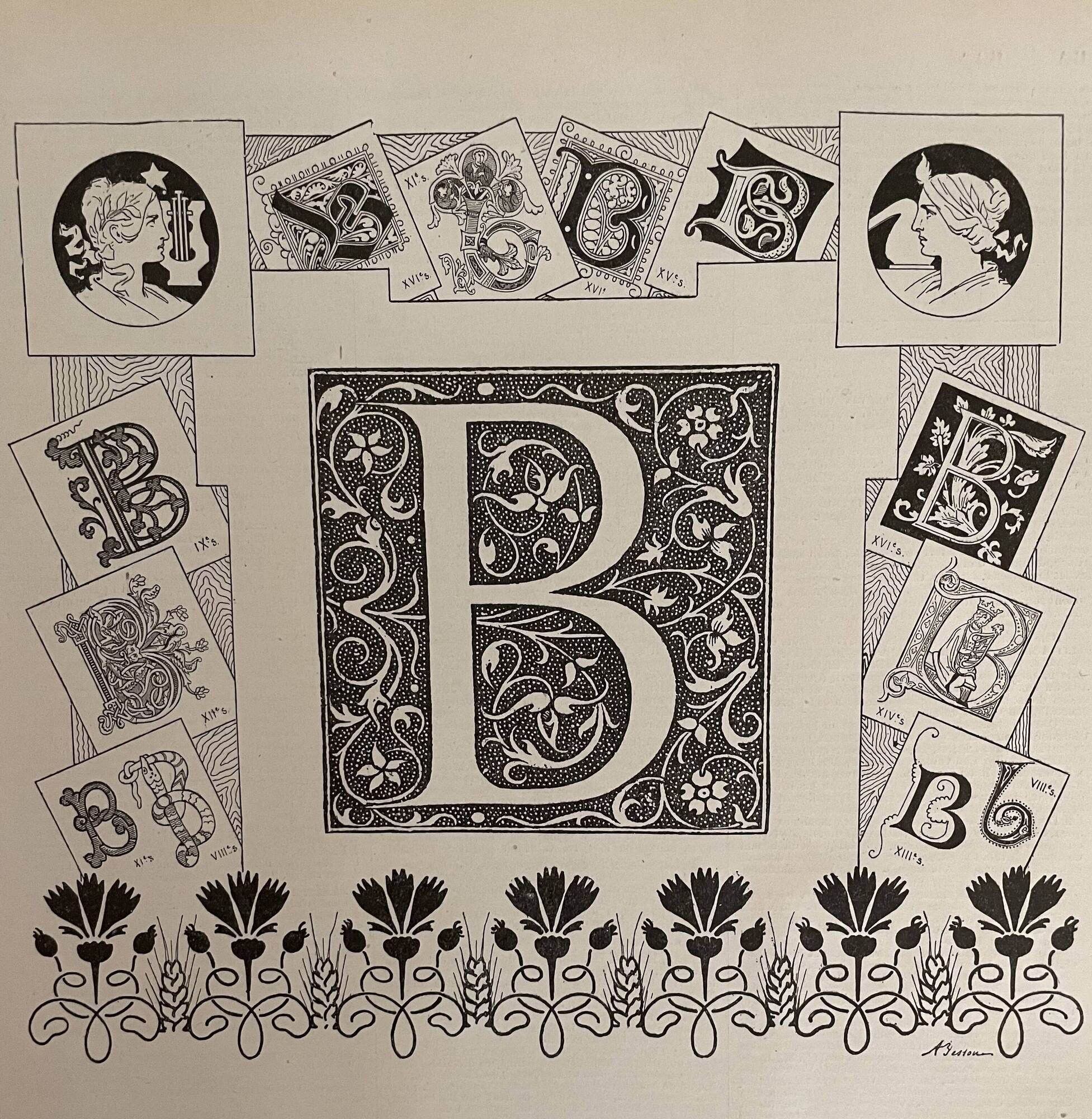 Lithograph engraving alphabet letter B of the New Larousse Illustrated 1897