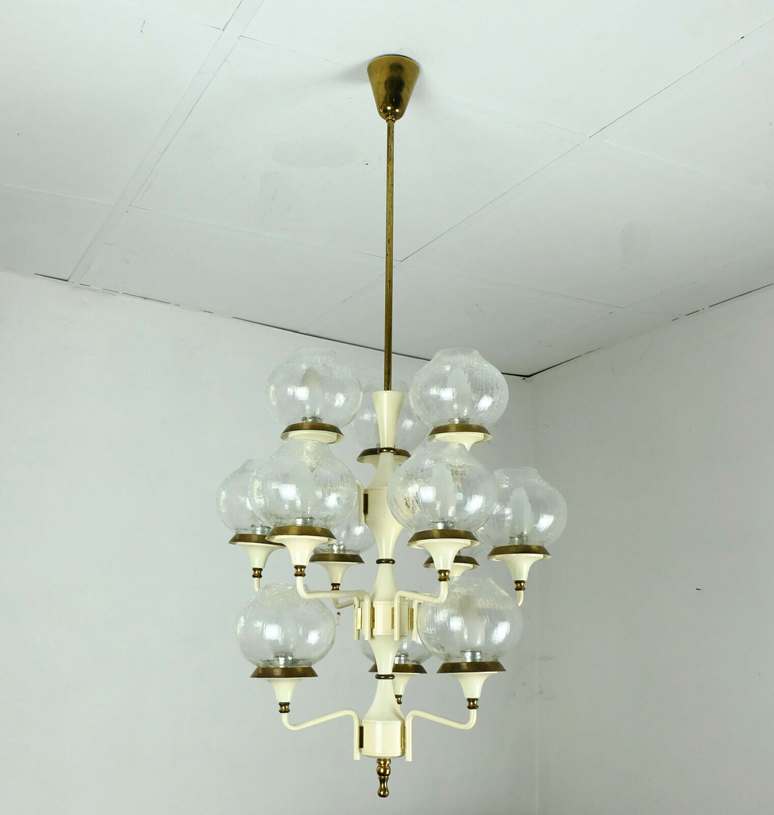 1960s mid century chandelier brass 12 crackle glass shades