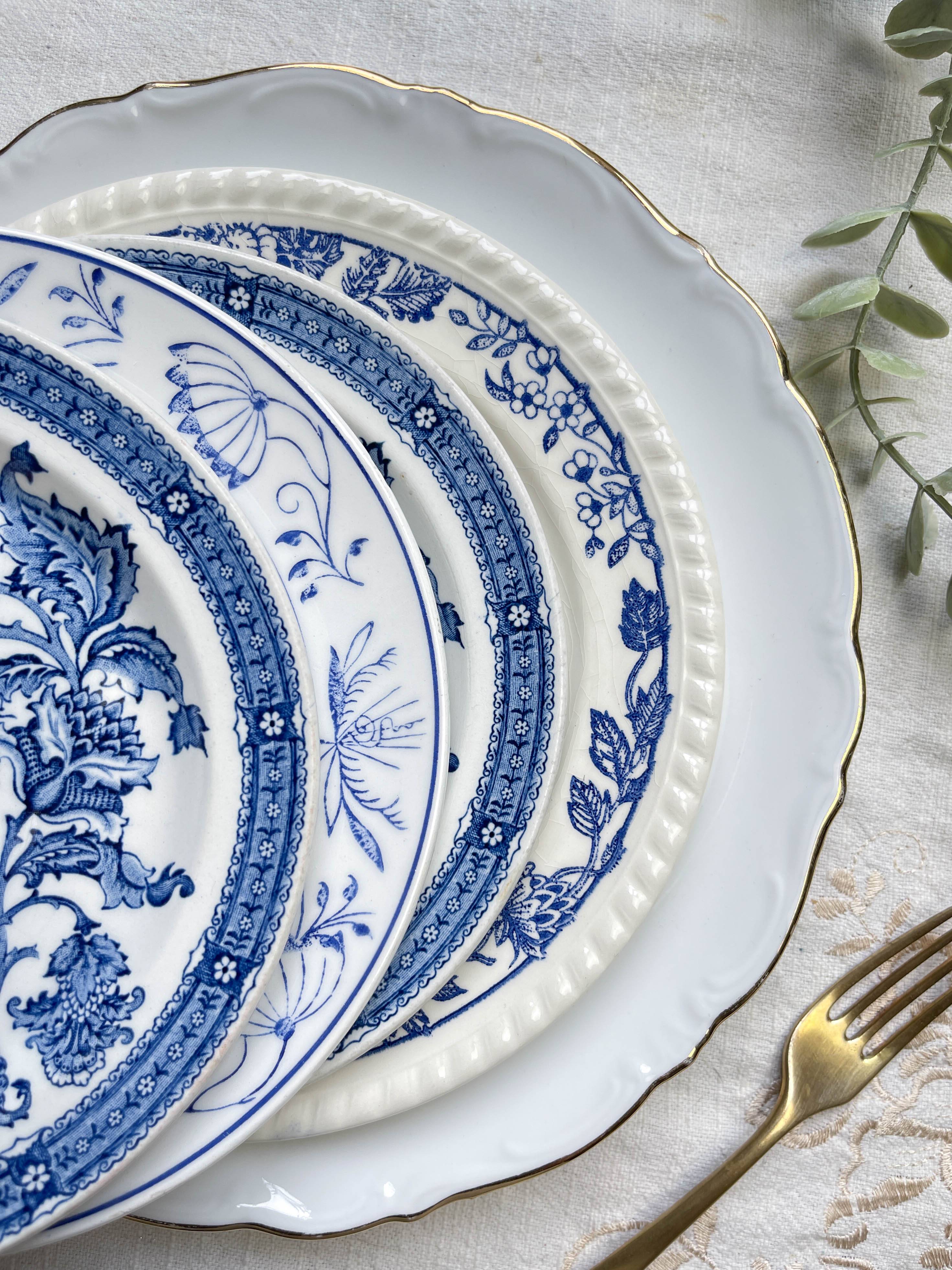 6 Vintage White Porcelain Plates with Gold Trim + 6 Small Mismatched Blue Jacobean Plates