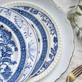 6 Vintage White Porcelain Plates with Gold Trim + 6 Small Mismatched Blue Jacobean Plates