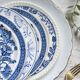 6 Vintage White Porcelain Plates with Gold Trim + 6 Small Mismatched Blue Jacobean Plates