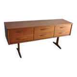 Brown teak sideboard by Frank Guille for Austinsuite, 1960s, 6 drawers, trestle legs.