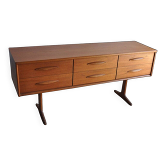 Buffet en teck brun par Frank Guille pour Austinsuite, années 1960, 6 tiroirs, pieds tréteaux.