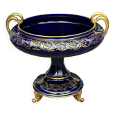 Grande coupe / centre de table bleu de Sèvres et or faïence de Tours signée