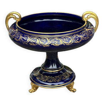Large blue Sèvres vase / table centre and gold earthenware from Tours, signed.