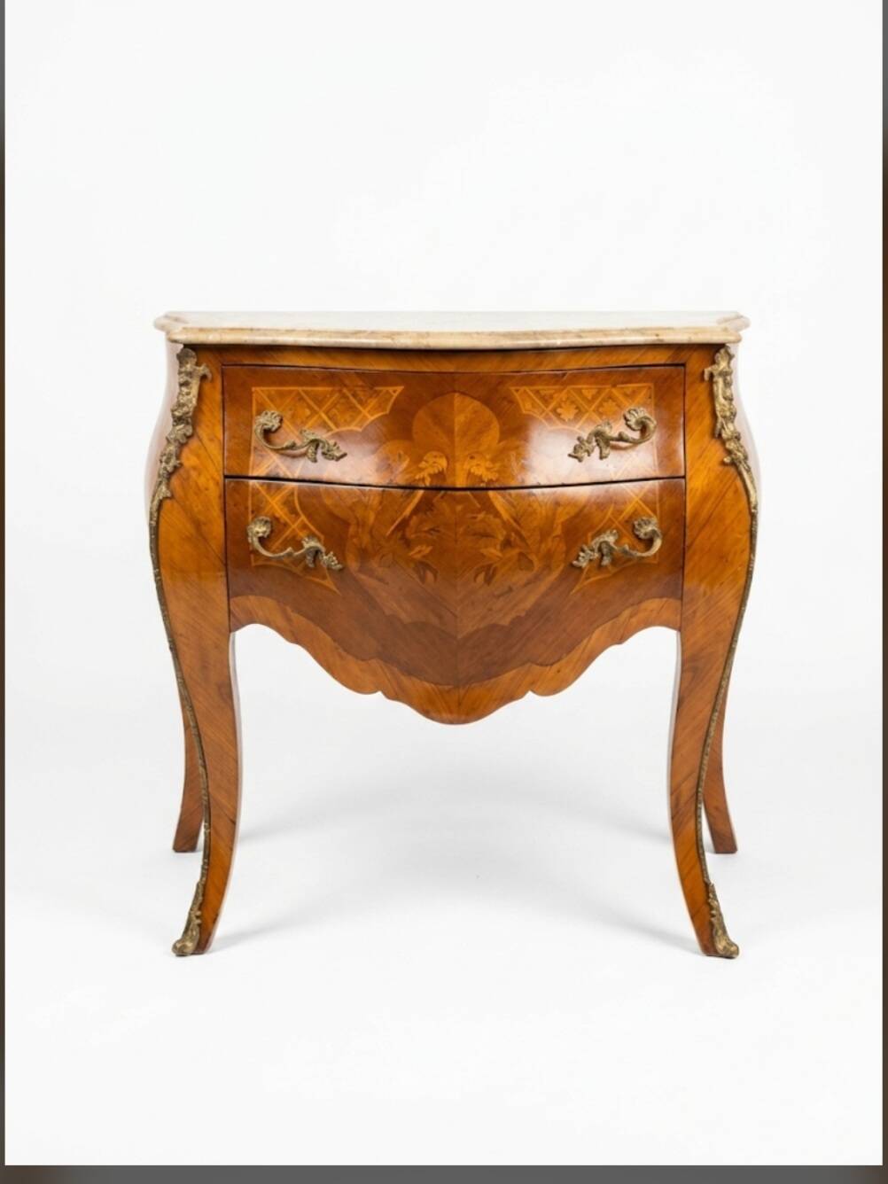 Curved Louis XV style commode in marquetry, mid-20th century.