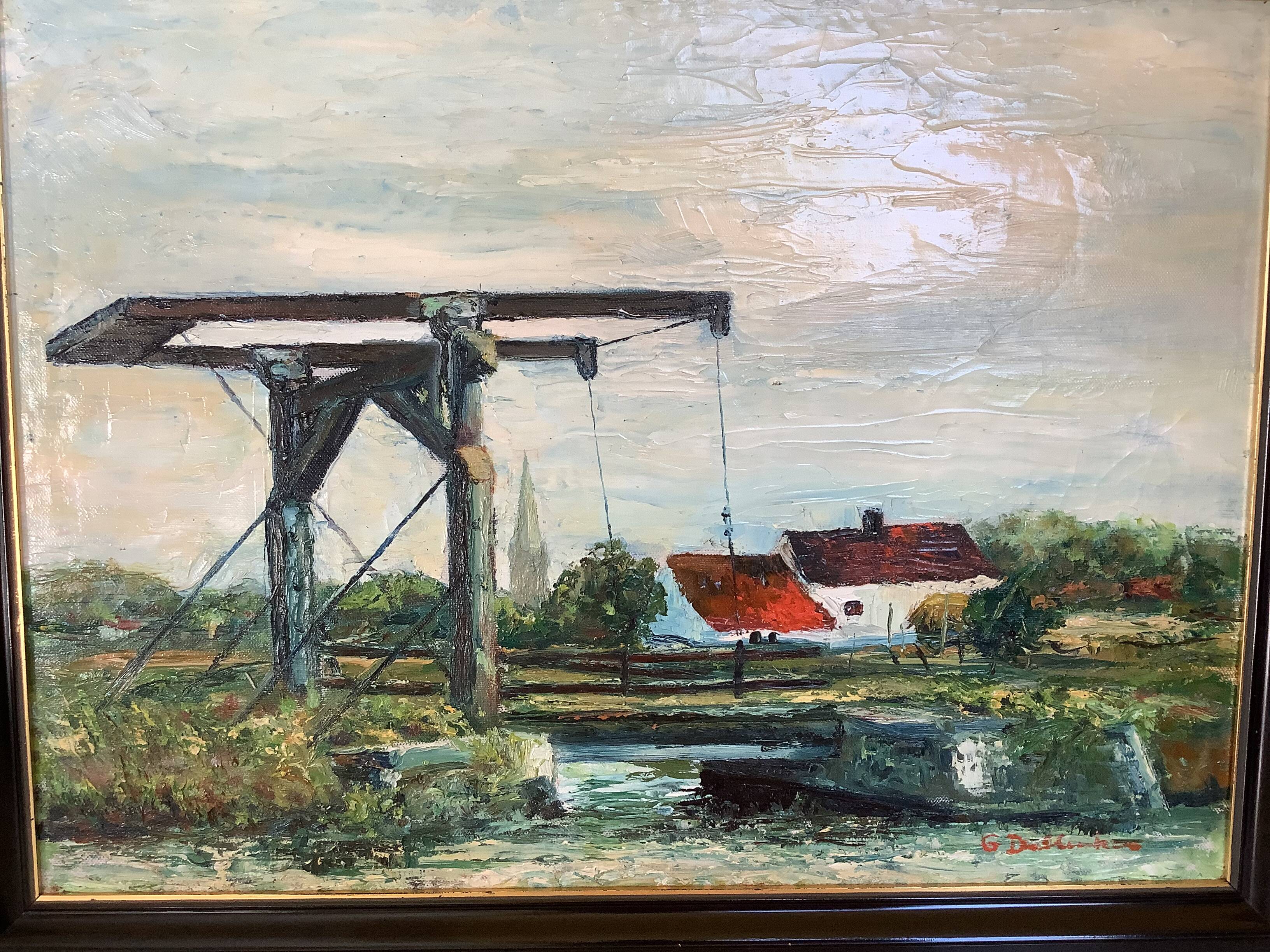 Canal landscape painting oil on panel signed