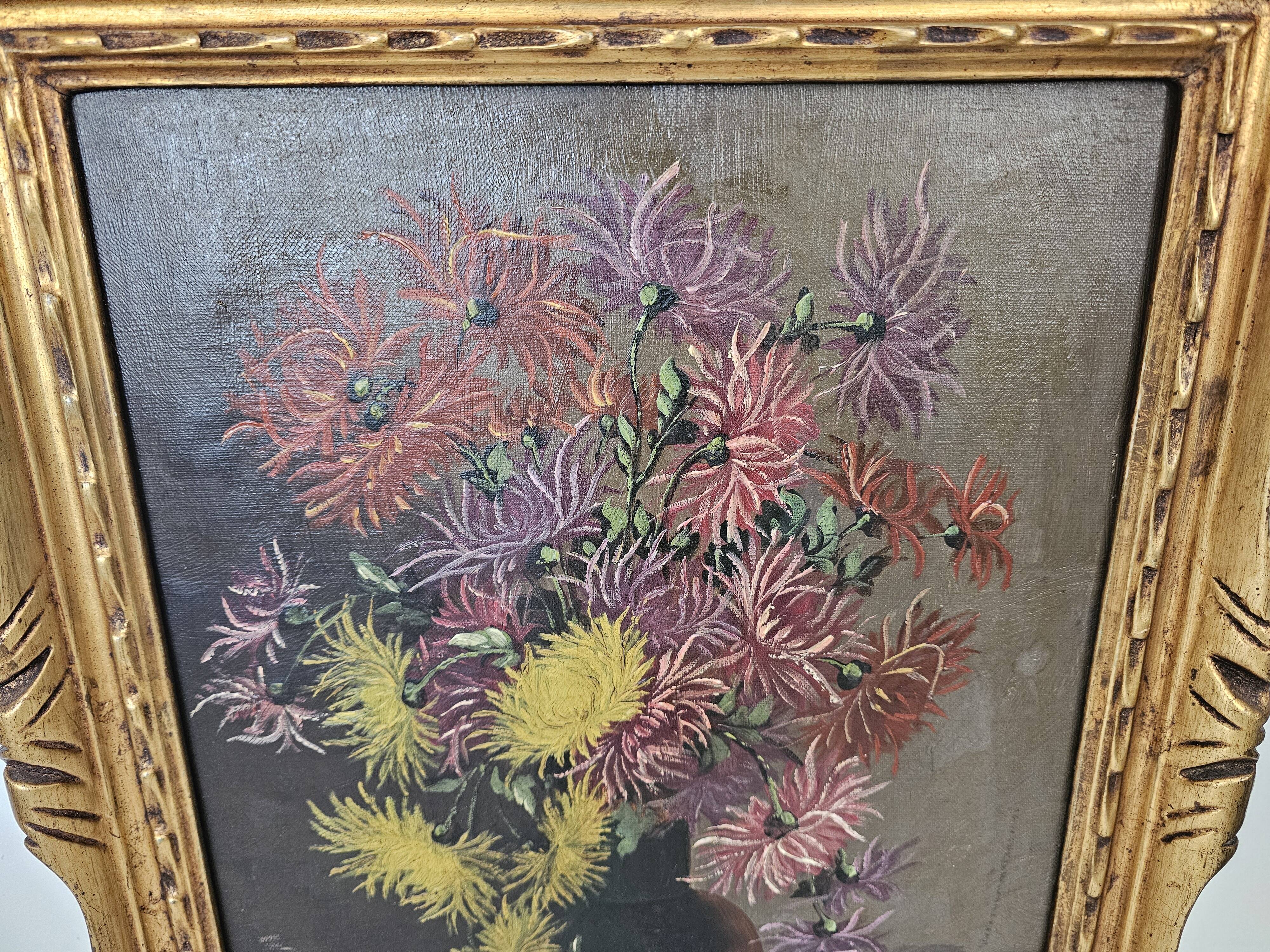 Old Oil on Canvas Painting - Still Life with Bouquet Signed M. G.